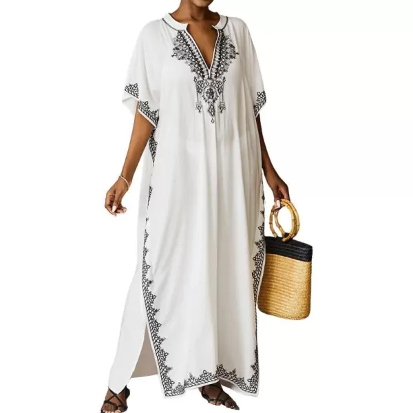 Bsubseach Embroidery Beach Kaftan Dress for Women Short Sleeve Bikini Swimsuit Cover Up