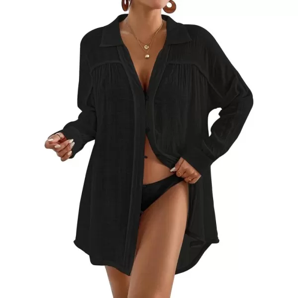 Bsubseach Long Sleeve Cover Up Oversized White Button Down Shirt Women Black Coverup