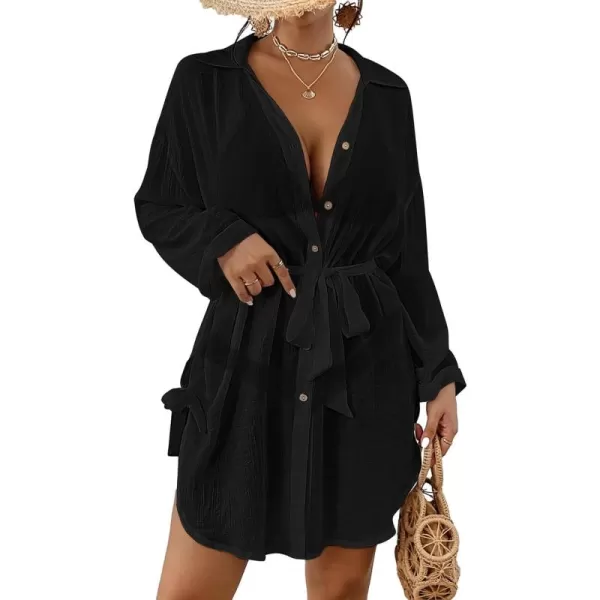 Bsubseach Sexy Beach Cover Ups for Swimwear Women Belted Shirt Dress Button Down Swimsuit Coverup