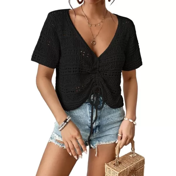 Bsubseach Swimsuit Cover Up for Women V-Neck Crochet Coverups Short Sleeve Knit Beach Tops for Swimwear