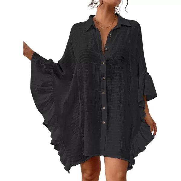 Bsubseach Women Button Down Bathing Suit Cover Up Shirt Dress Ruffled Sleeve Beach Blouse