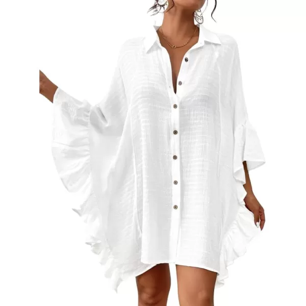 Bsubseach Women Button Down Bathing Suit Cover Up Shirt Dress Ruffled Sleeve Beach Blouse