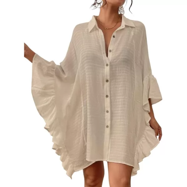 Bsubseach Women Button Down Bathing Suit Cover Up Shirt Dress Ruffled Sleeve Beach Blouse