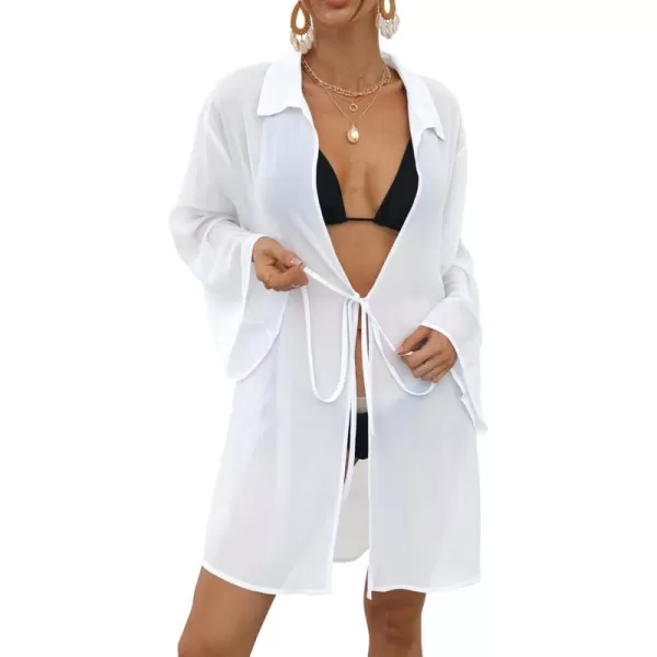 Bsubseach Women Chiffon Solid Color Swimsuit Cover Up Long Sleeve Beachwear