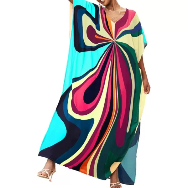 Bsubseach Women Colorful Geometric Beach Cover Up Loose Kaftan Dress