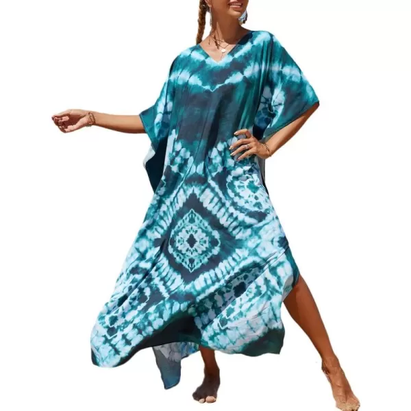 Bsubseach Women Colorful Geometric Beach Cover Up Loose Kaftan Dress
