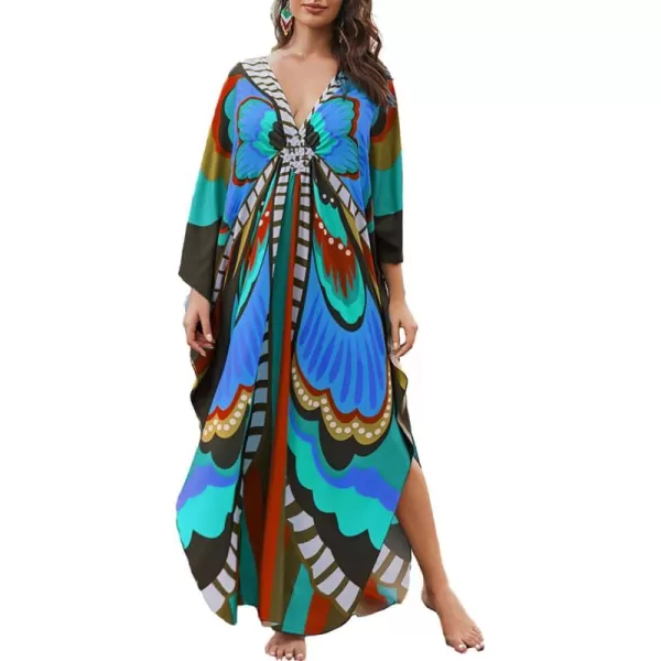 Bsubseach Women Colorful Geometric Beach Cover Up Loose Kaftan Dress