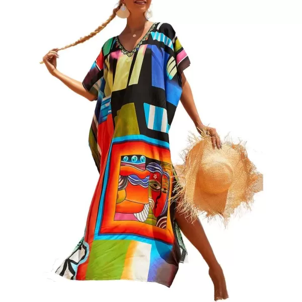 Bsubseach Women Colorful Geometric Beach Cover Up Loose Kaftan Dress