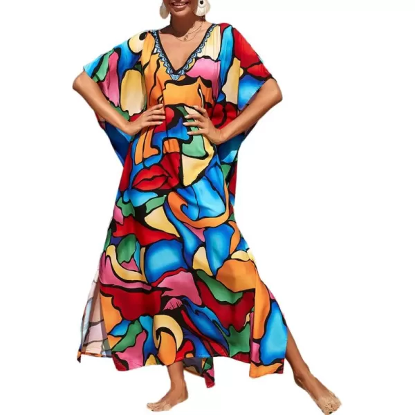 Bsubseach Women Colorful Geometric Beach Cover Up Loose Kaftan Dress