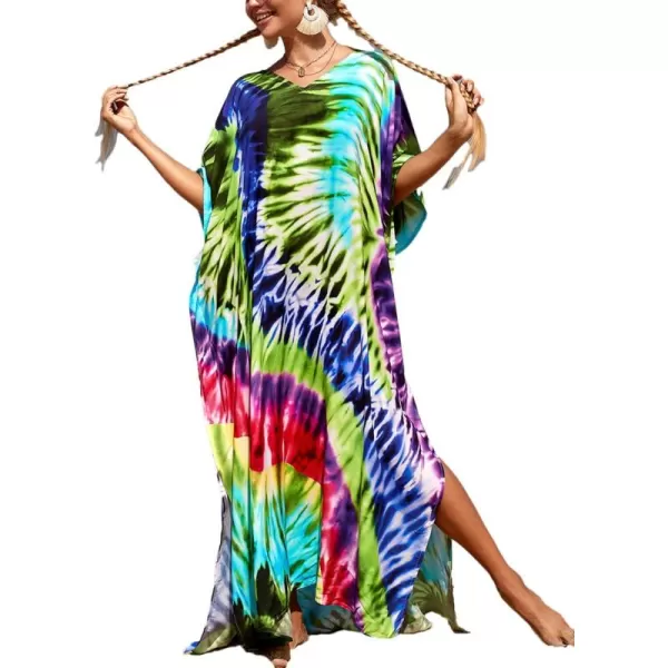 Bsubseach Women Colorful Geometric Beach Cover Up Loose Kaftan Dress