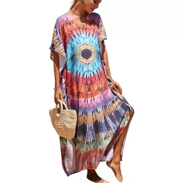 Bsubseach Women Colorful Geometric Beach Cover Up Loose Kaftan Dress