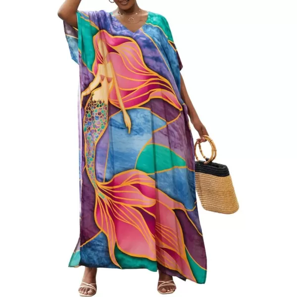 Bsubseach Women Colorful Geometric Beach Cover Up Loose Kaftan Dress