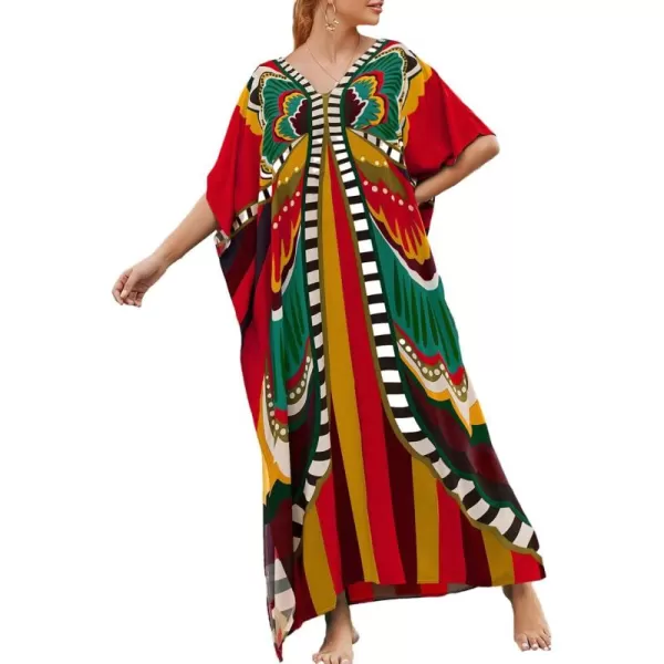 Bsubseach Women Colorful Geometric Beach Cover Up Loose Kaftan Dress