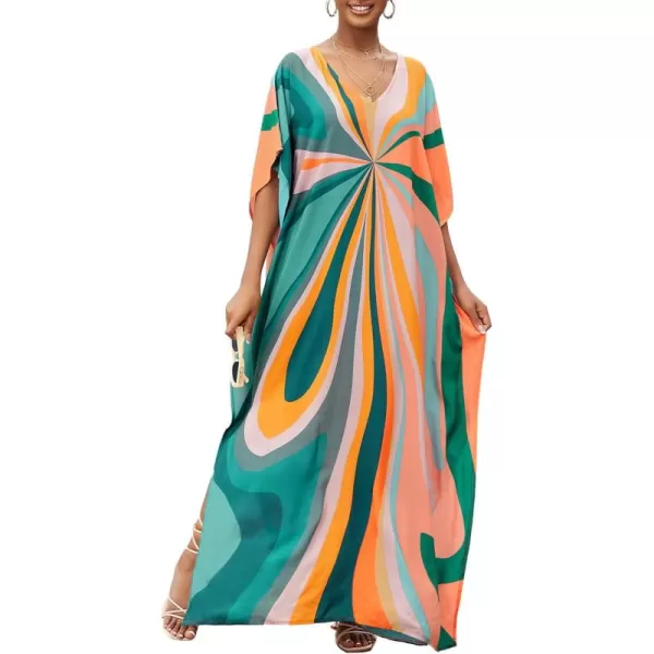Bsubseach Women Colorful Geometric Beach Cover Up Loose Kaftan Dress