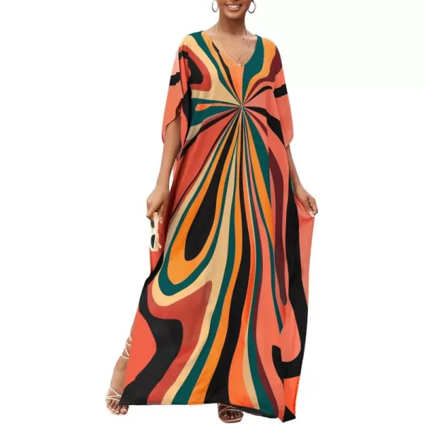Bsubseach Women Colorful Geometric Beach Cover Up Loose Kaftan Dress