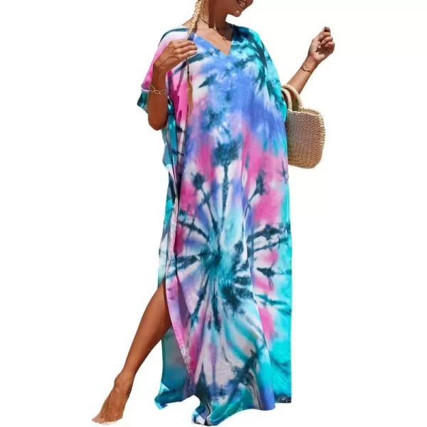 Bsubseach Women Colorful Geometric Beach Cover Up Loose Kaftan Dress
