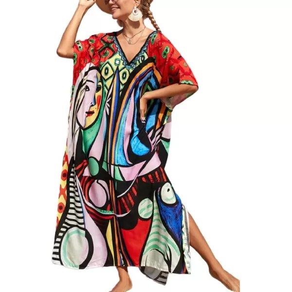 Bsubseach Women Colorful Geometric Beach Cover Up Loose Kaftan Dress