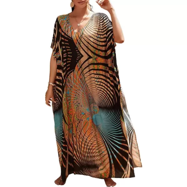 Bsubseach Women Colorful Geometric Beach Cover Up Loose Kaftan Dress