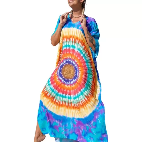 Bsubseach Women Colorful Geometric Beach Cover Up Loose Kaftan Dress