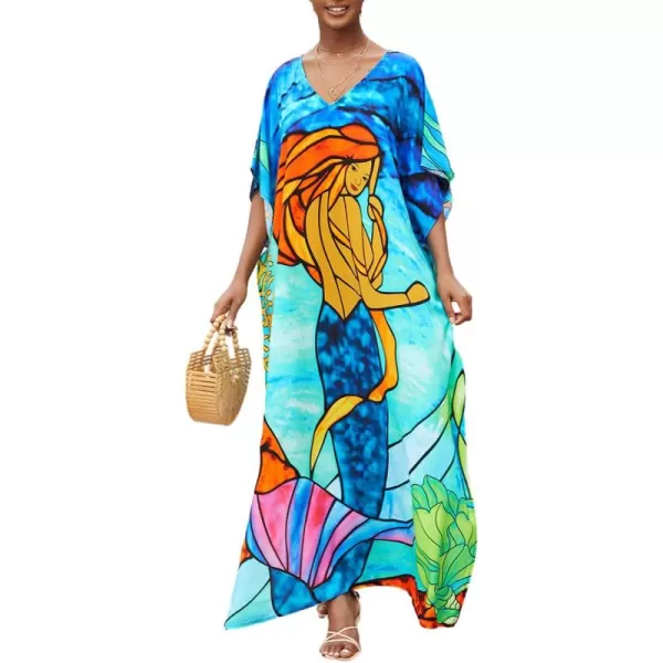 Bsubseach Women Colorful Geometric Beach Cover Up Loose Kaftan Dress
