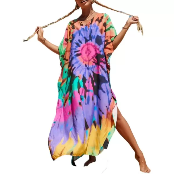 Bsubseach Women Colorful Geometric Beach Cover Up Loose Kaftan Dress