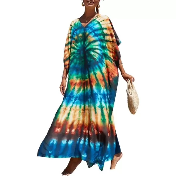 Bsubseach Women Colorful Geometric Beach Cover Up Loose Kaftan Dress