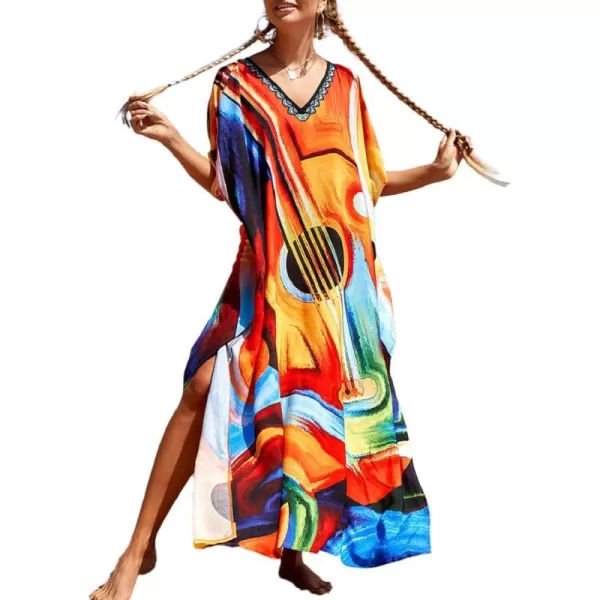 Bsubseach Women Colorful Geometric Beach Cover Up Loose Kaftan Dress