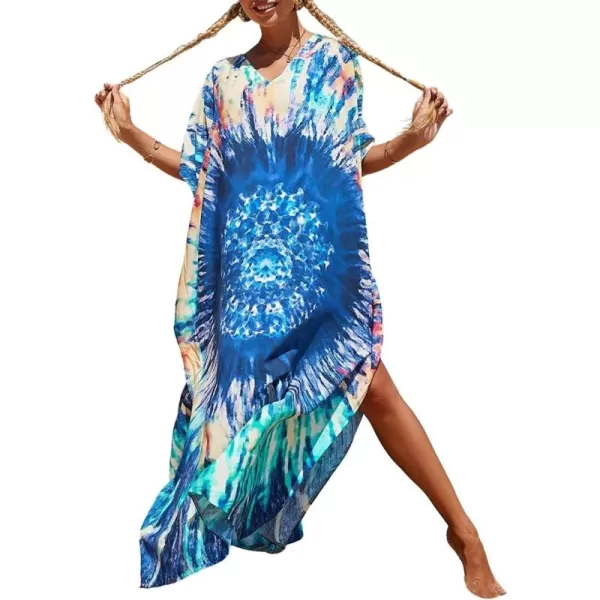 Bsubseach Women Colorful Geometric Beach Cover Up Loose Kaftan Dress