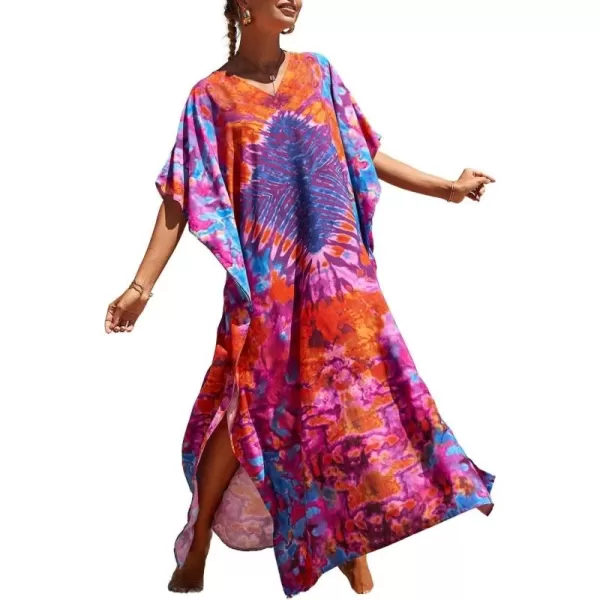 Bsubseach Women Colorful Geometric Beach Cover Up Loose Kaftan Dress