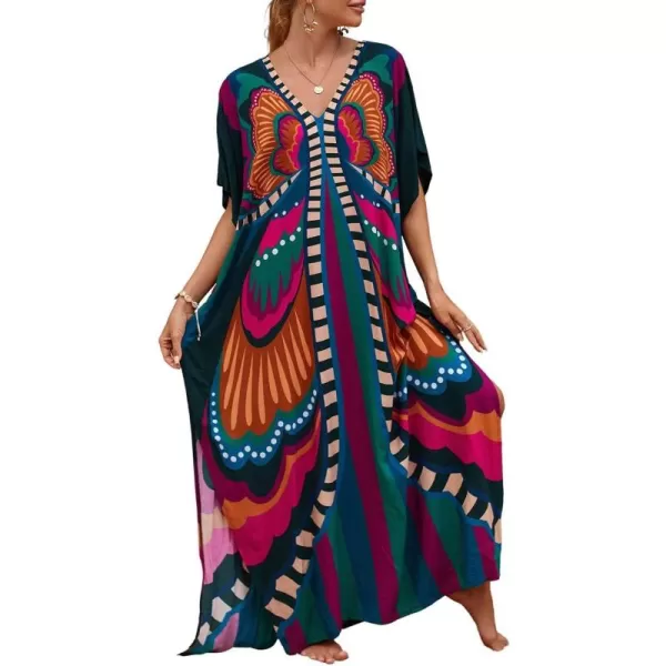 Bsubseach Women Colorful Geometric Beach Cover Up Loose Kaftan Dress
