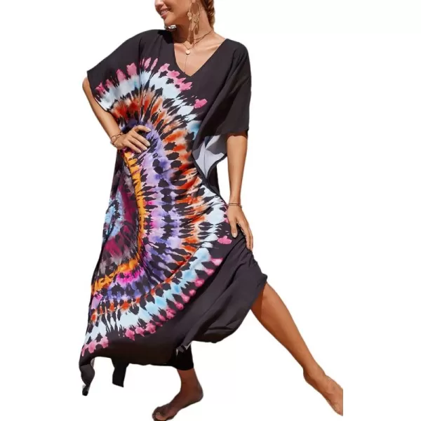 Bsubseach Women Colorful Geometric Beach Cover Up Loose Kaftan Dress