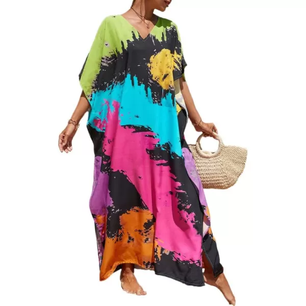 Bsubseach Women Colorful Geometric Beach Cover Up Loose Kaftan Dress