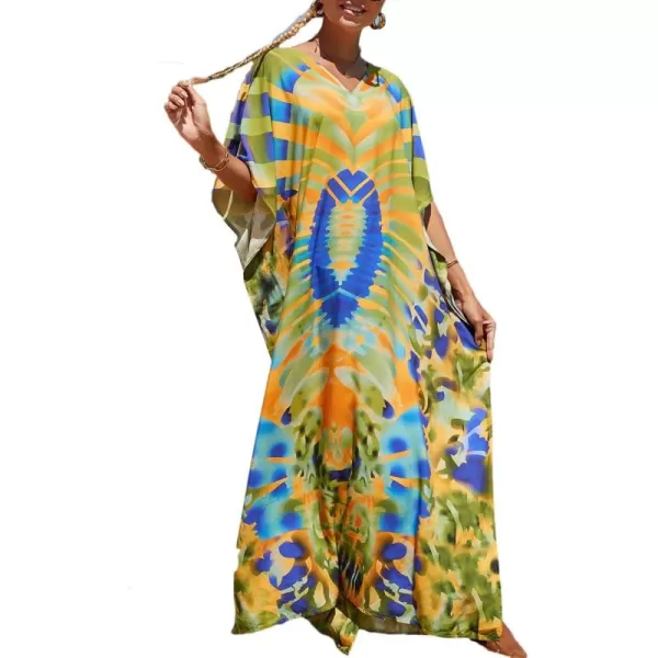 Bsubseach Women Colorful Geometric Beach Cover Up Loose Kaftan Dress