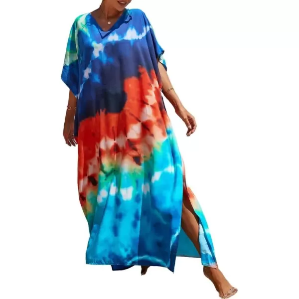 Bsubseach Women Colorful Geometric Beach Cover Up Loose Kaftan Dress