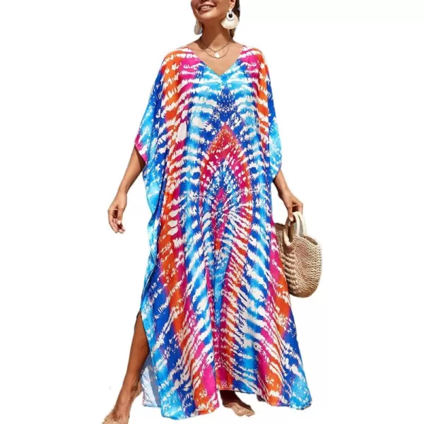 Bsubseach Women Colorful Geometric Beach Cover Up Loose Kaftan Dress