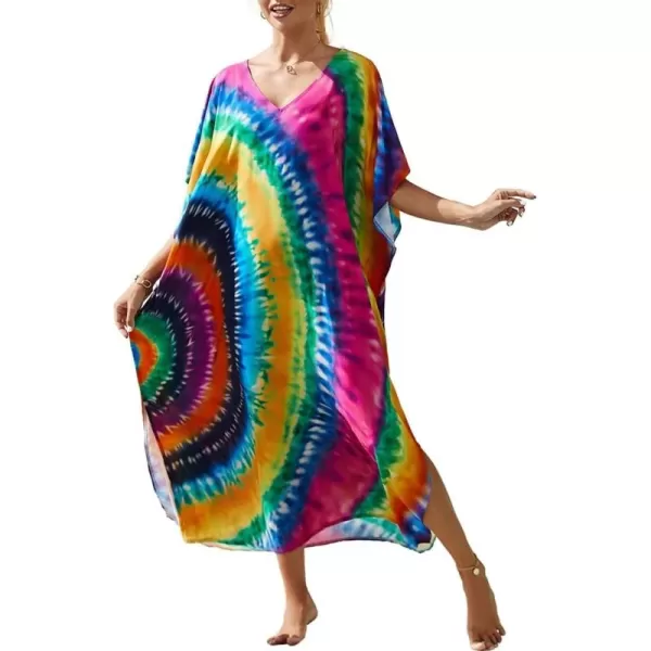 Bsubseach Women Colorful Geometric Beach Cover Up Loose Kaftan Dress