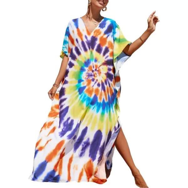 Bsubseach Women Colorful Geometric Beach Cover Up Loose Kaftan Dress