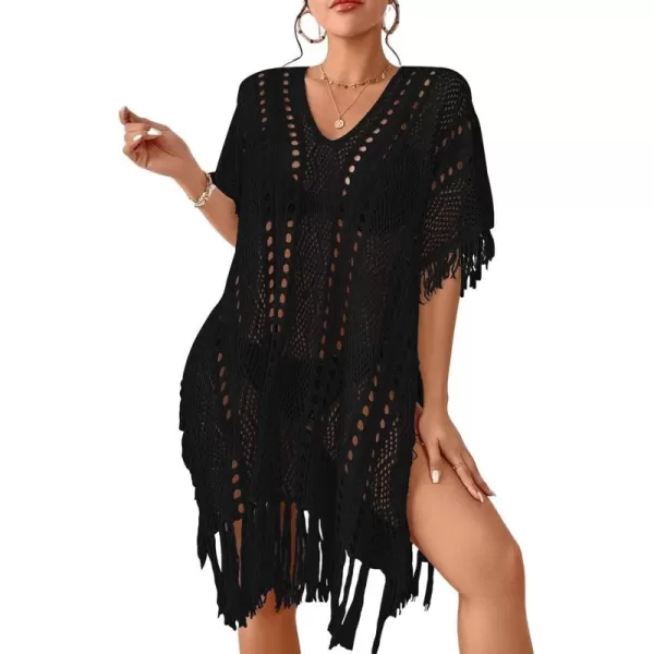 Bsubseach Women Crochet Cover Up Summer Hollow Out Bathing Suit Cover Ups Knit Bikini Beach Dress with Tassel