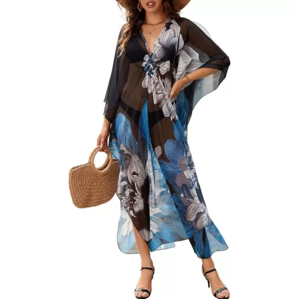 Bsubseach Women Ethnic Print Kaftan Beach Dress Mesh Sheer Swimsuit Cover Up Plus Size Caftan Dress