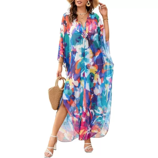 Bsubseach Women Ethnic Print Kaftan Beach Dress Mesh Sheer Swimsuit Cover Up Plus Size Caftan Dress
