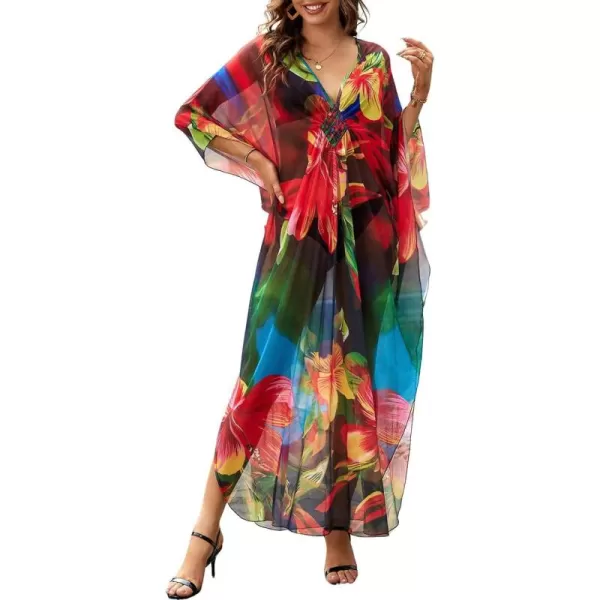 Bsubseach Women Ethnic Print Kaftan Beach Dress Mesh Sheer Swimsuit Cover Up Plus Size Caftan Dress