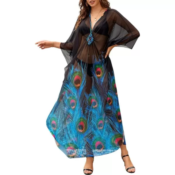 Bsubseach Women Ethnic Print Kaftan Beach Dress Mesh Sheer Swimsuit Cover Up Plus Size Caftan Dress