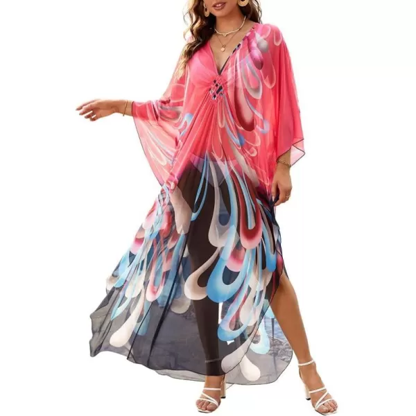 Bsubseach Women Ethnic Print Kaftan Beach Dress Mesh Sheer Swimsuit Cover Up Plus Size Caftan Dress