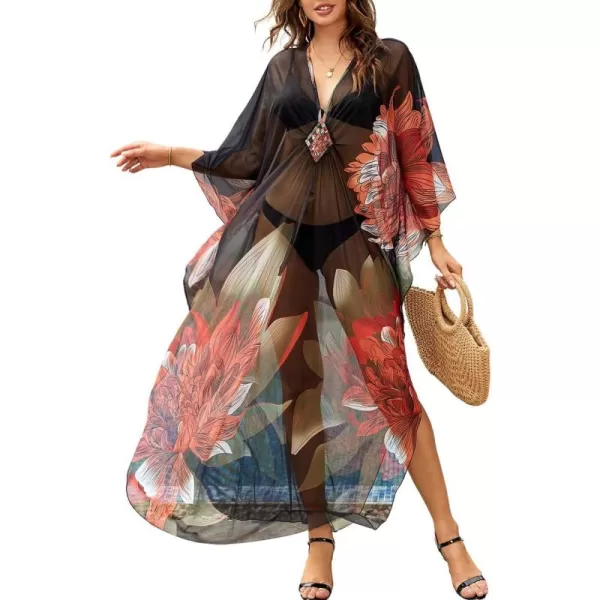 Bsubseach Women Ethnic Print Kaftan Beach Dress Mesh Sheer Swimsuit Cover Up Plus Size Caftan Dress