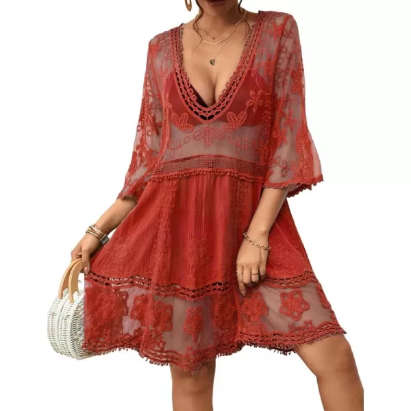 Bsubseach Women Lace Embroidered Swimsuit Cover Up Hollow Out Beach Dress Bikini Coverup