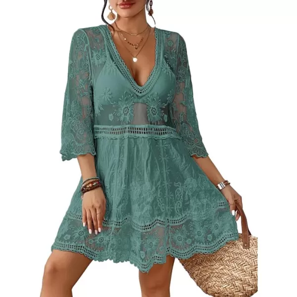 Bsubseach Women Lace Embroidered Swimsuit Cover Up Hollow Out Beach Dress Bikini Coverup