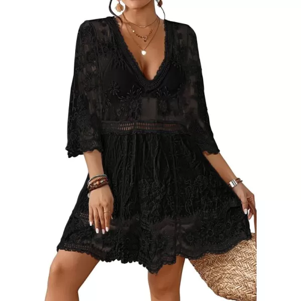 Bsubseach Women Lace Embroidered Swimsuit Cover Up Hollow Out Beach Dress Bikini Coverup