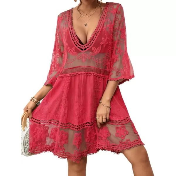 Bsubseach Women Lace Embroidered Swimsuit Cover Up Hollow Out Beach Dress Bikini Coverup
