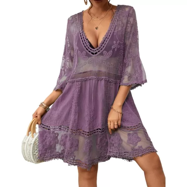 Bsubseach Women Lace Embroidered Swimsuit Cover Up Hollow Out Beach Dress Bikini Coverup