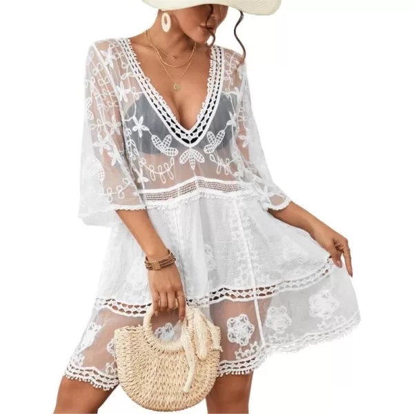 Bsubseach Women Lace Embroidered Swimsuit Cover Up Hollow Out Beach Dress Bikini Coverup